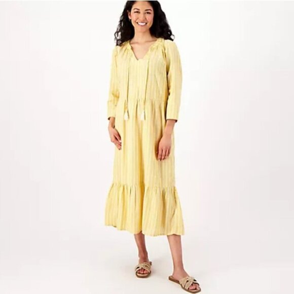Denim & Co. Naturals Printed Petite Midi Dress with Tassel - Rich Gold -XSP - Picture 1 of 2